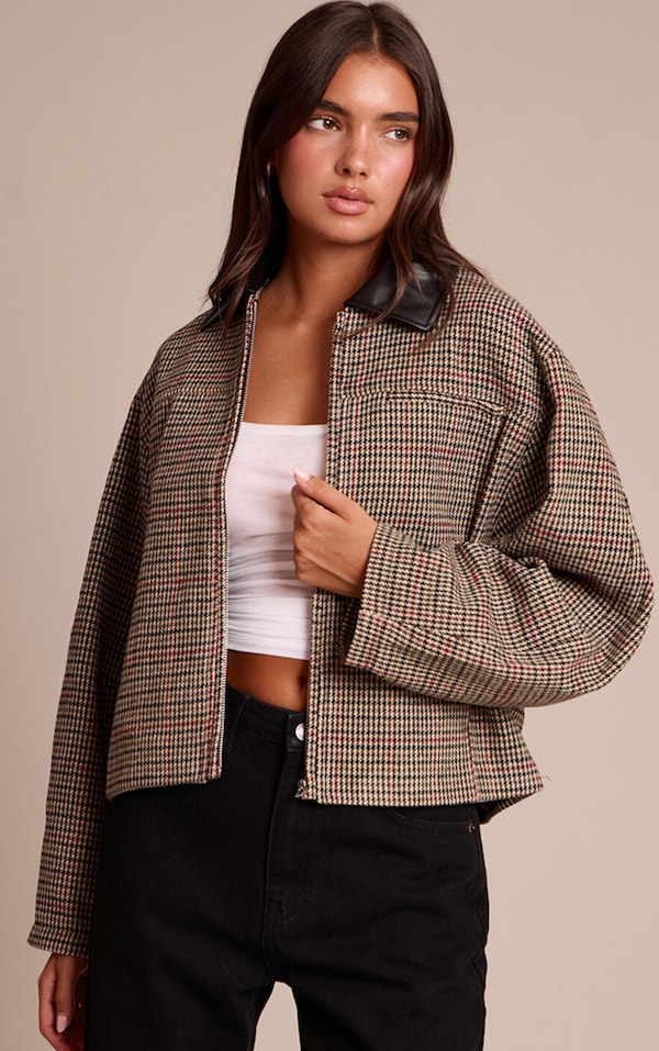 Brown Checked PU Collar Zip Up Jacket