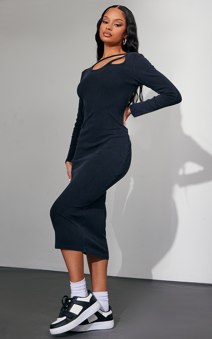 Ink Blue Rib Cut Out Detail Long Sleeve Midaxi Dress image 3