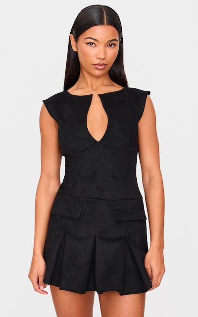 Black Faux Suede Pleated Pocket Detail Shift Dress