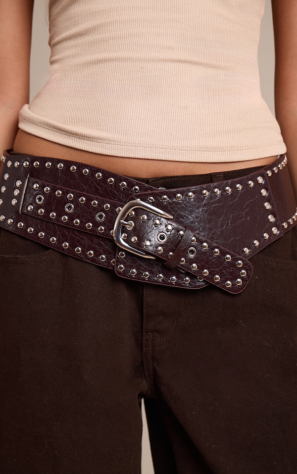 Chocolate Crinkle Layered Chunky Belt With Studded Detail