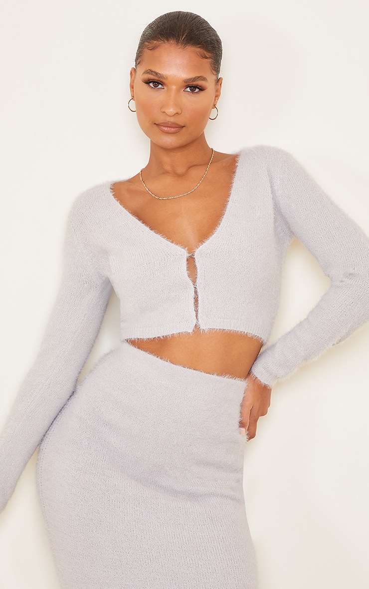 Grey Eyelash Knit Crop Cardigan