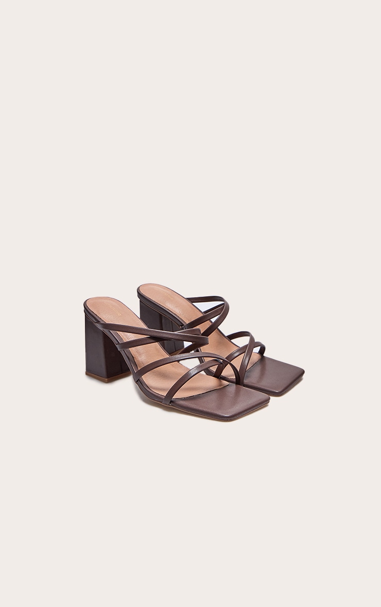 Brown PU Wide Fit Square Toe Strappy Block Heeled Mules image 2