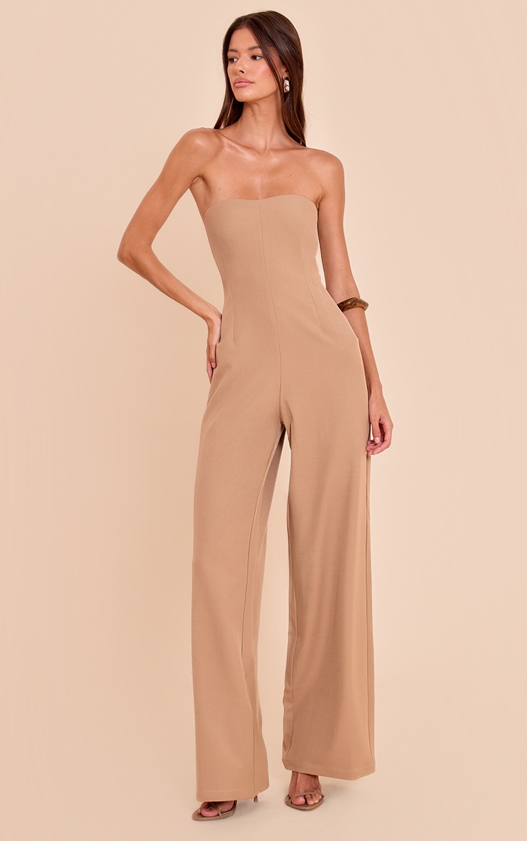 Beige Woven Sweetheart Neck Wide Leg Jumpsuit image 3