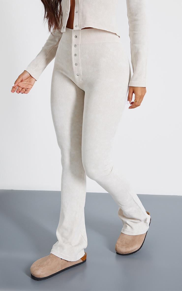 Petite Cream Faded Contour Rib Button Detail Flare Leggings image 2