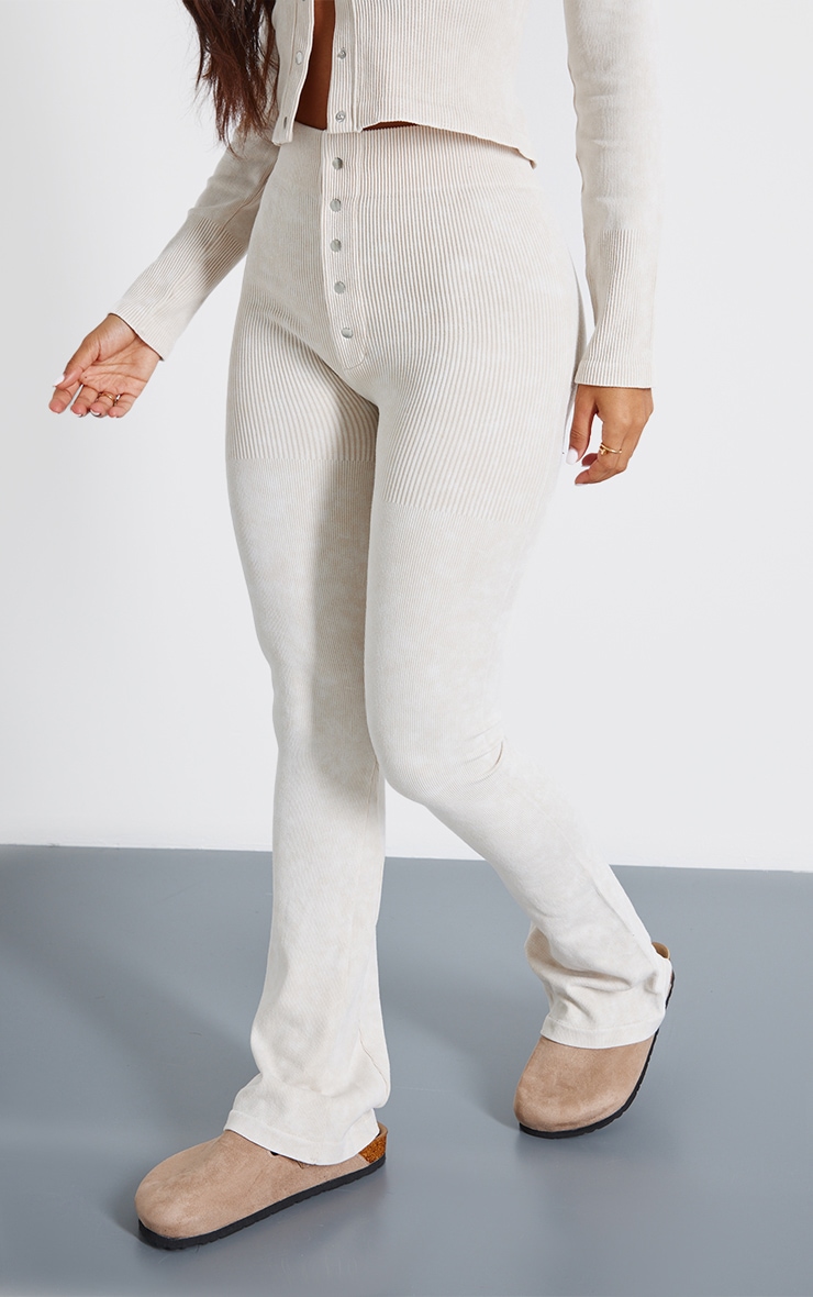 Petite Cream Faded Snatched Rib Button Detail Flared Leggings image 2