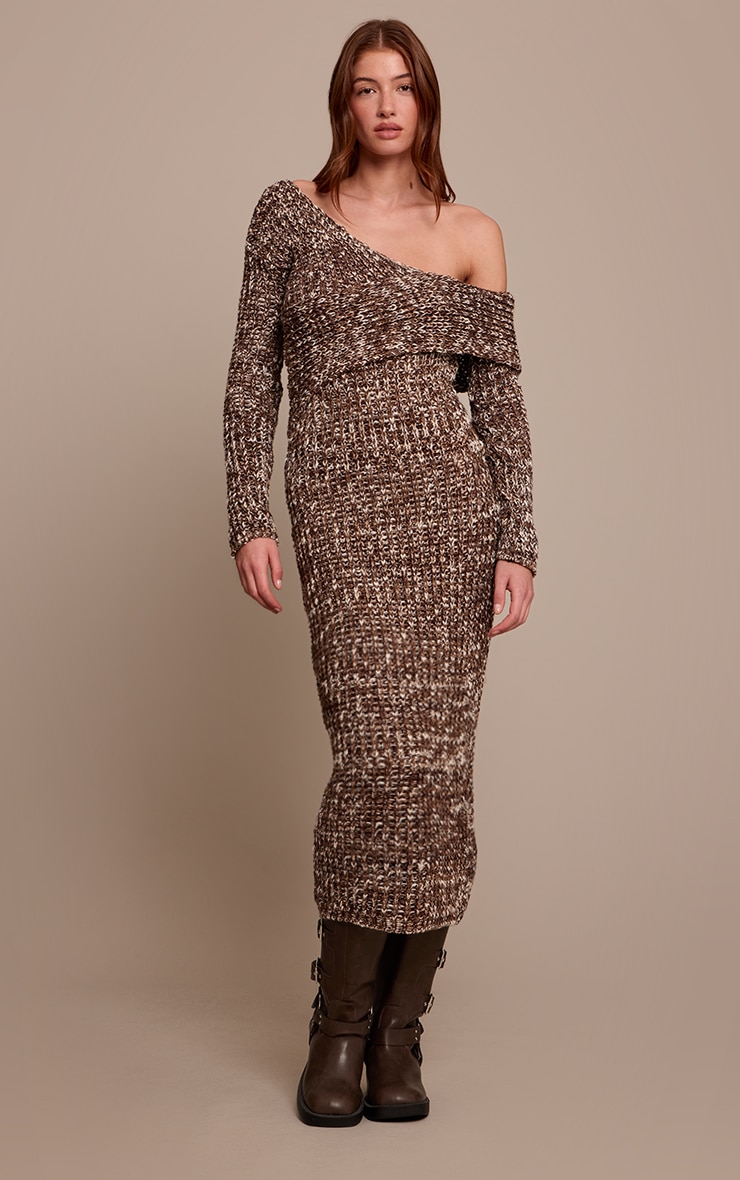 Brown Chunky Knit Asymmetric Midi Dress  image 1