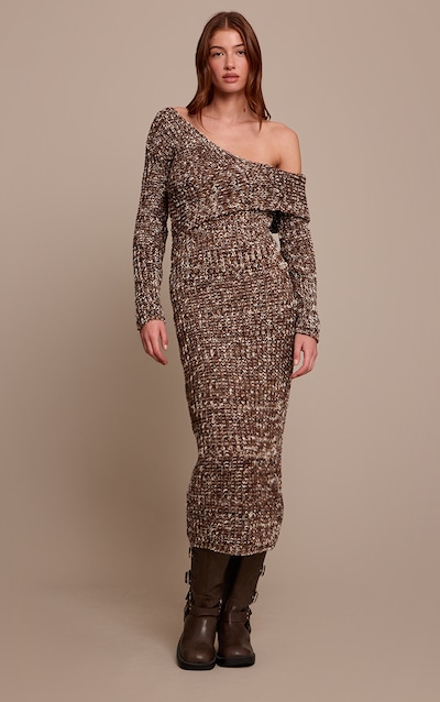 Brown Chunky Knit Asymmetric Midi Dress