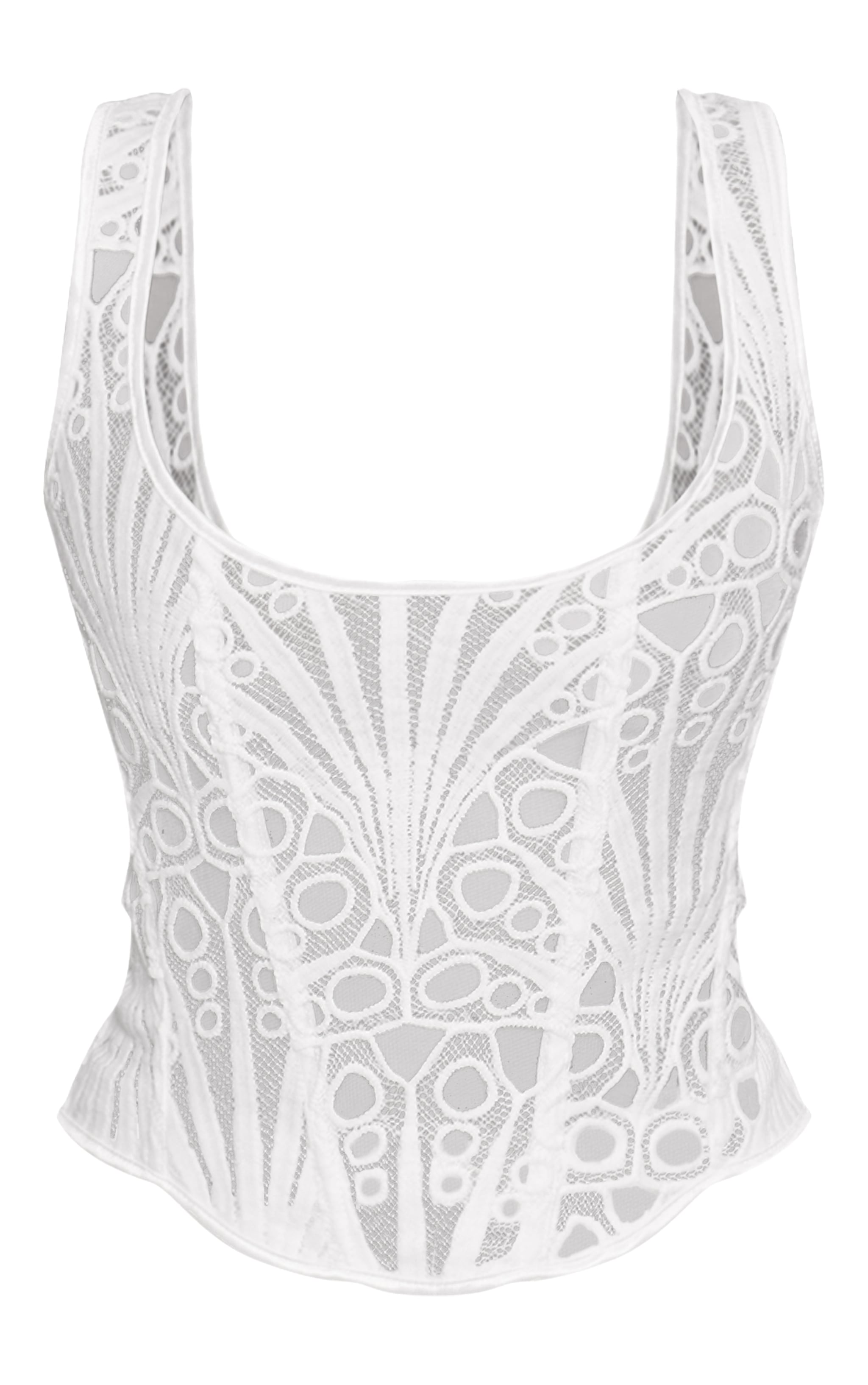 White Textured Sheer Floral Square Neck Lace Up Corset image 5