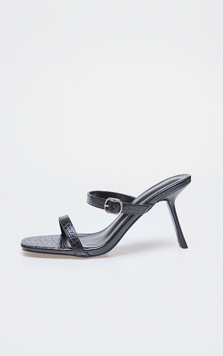 Black Croc PU Square Toe Strappy Heeled Mule Sandals image 3