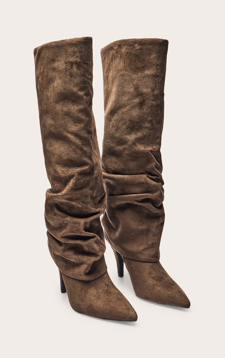 Tan Faux Suede Ruched Fold Over Knee High Boots image 3