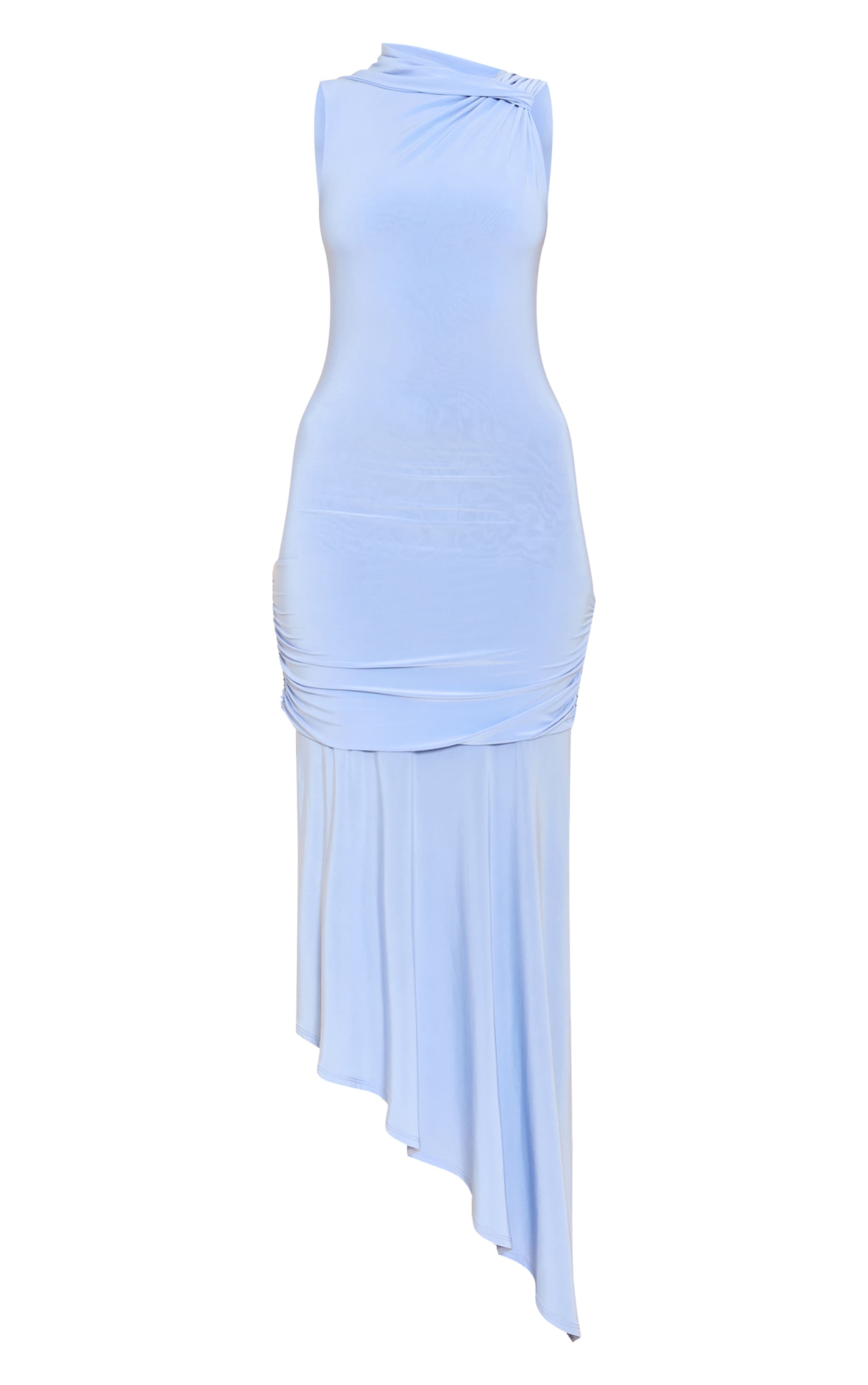 Pale Blue Double Layer Slinky Asymmetrical Ruched Midaxi Dress image 5
