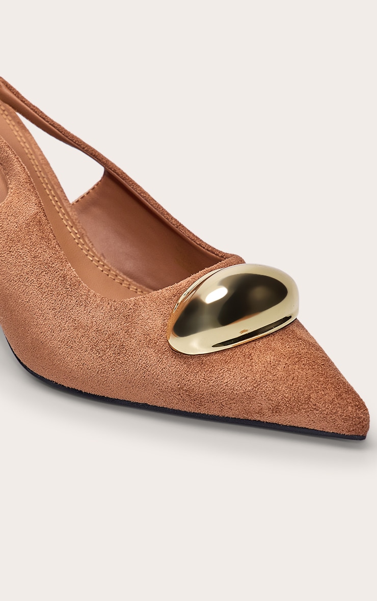 Tan Faux Suede Gold Dome Trim Sling Back Court Heels image 5