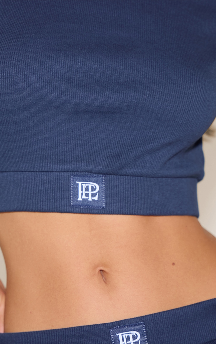 PrettyLittleThing Navy Sleep Tonal Satin Emblem Crop Top image 4