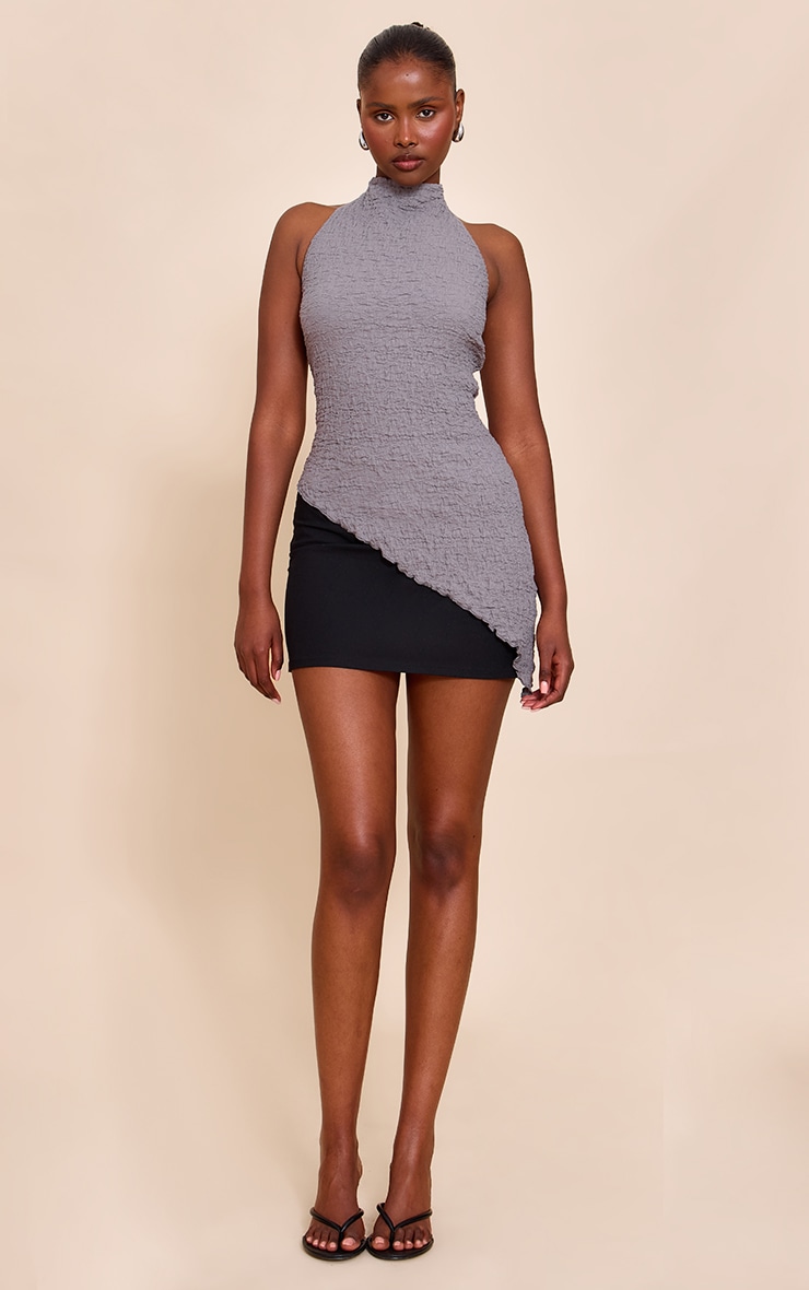 Grey Textured High Neck Asymmetric Hem Detail Long Top image 3