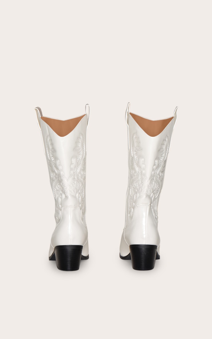 White Wide Fit Point Toe Stitching Heeled Ankle Cowboy Boots image 3
