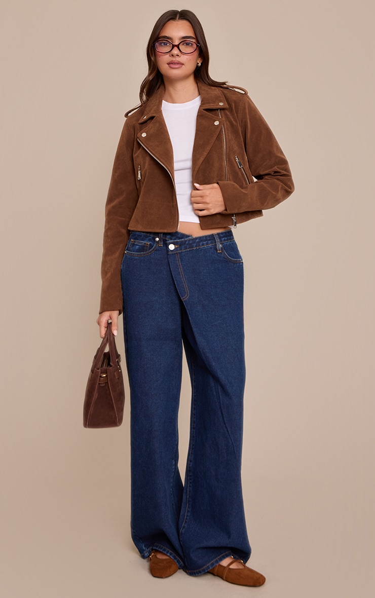 Brown Basic Faux Suede Pocket Detail Biker Jacket image 3