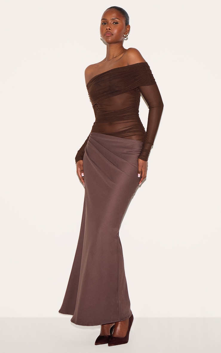 Chocolate Satin Mesh Detail Bardot Maxi Dress image 3