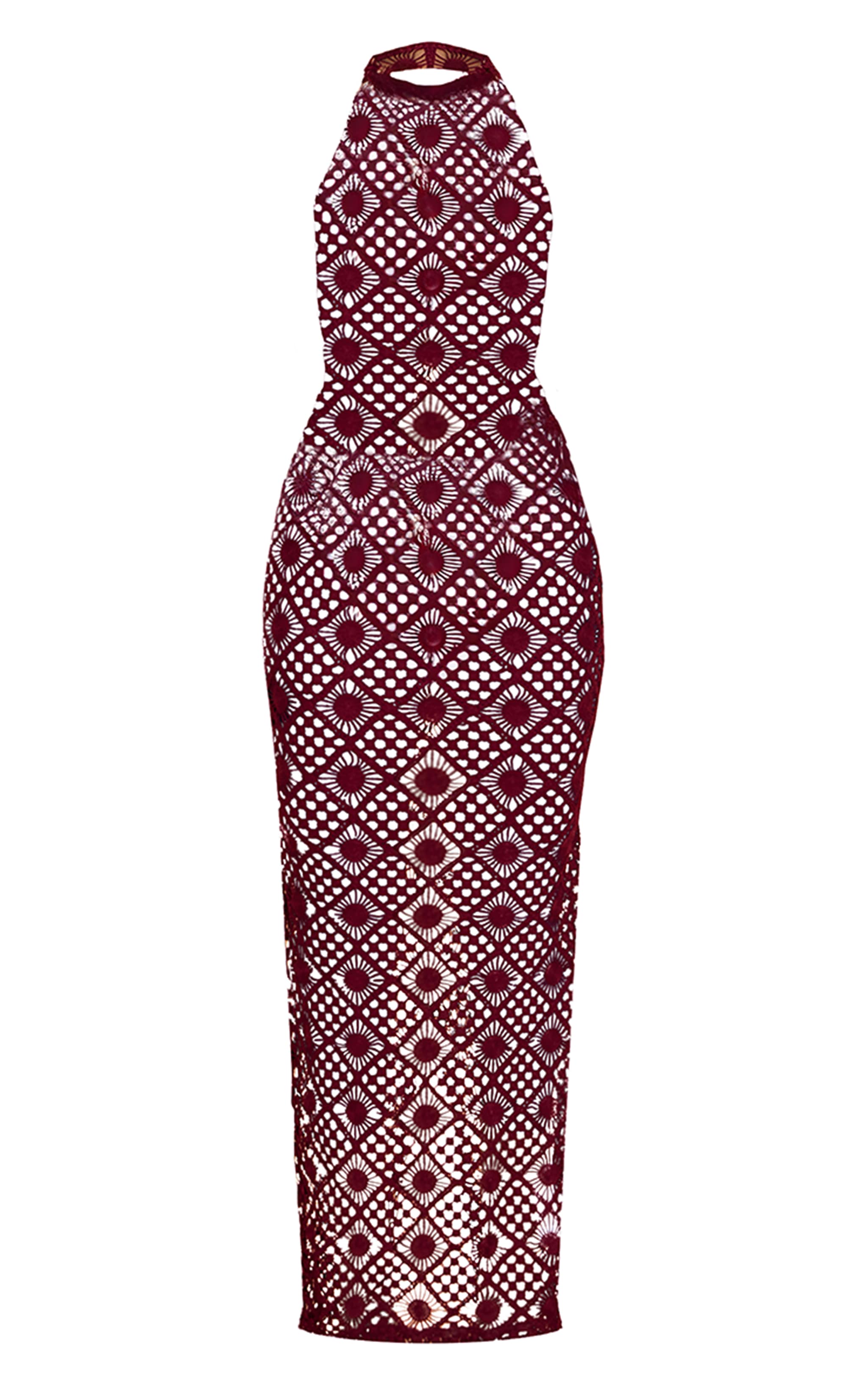PLT Label Dark Red Crochet High Neck Open Back Maxi Dress image 6