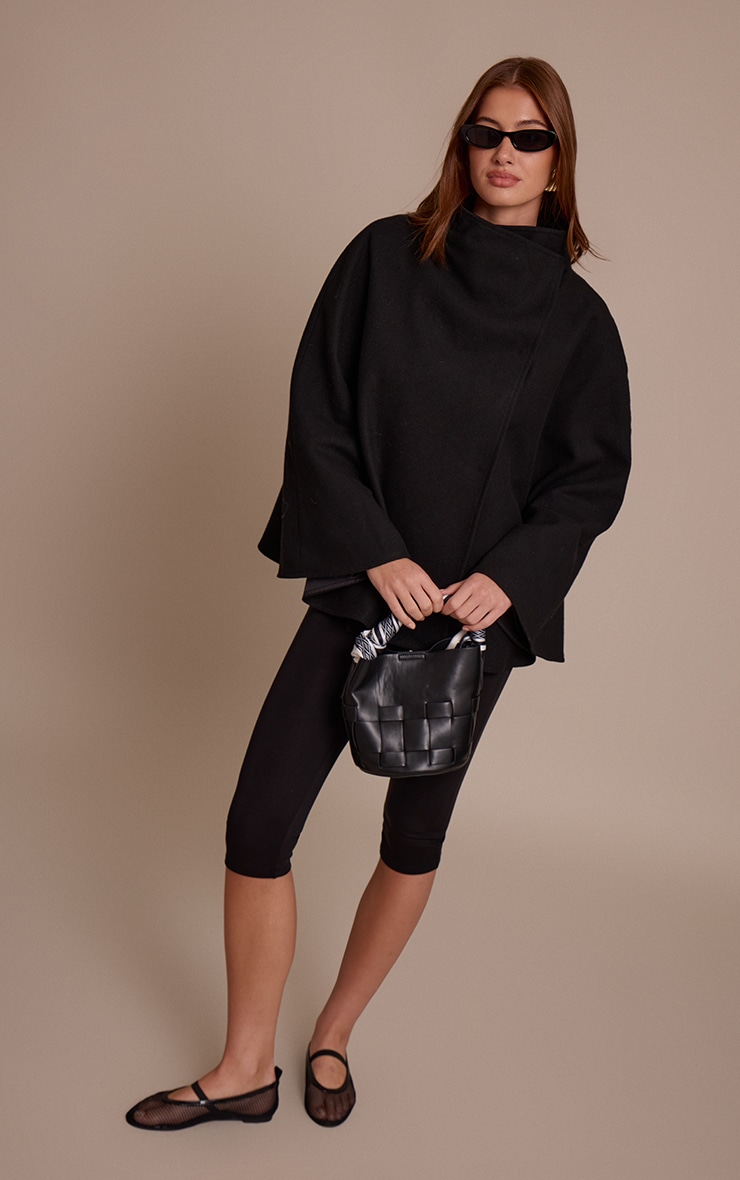 Black Wool Look Funnel Neck Wrap Coat image 3