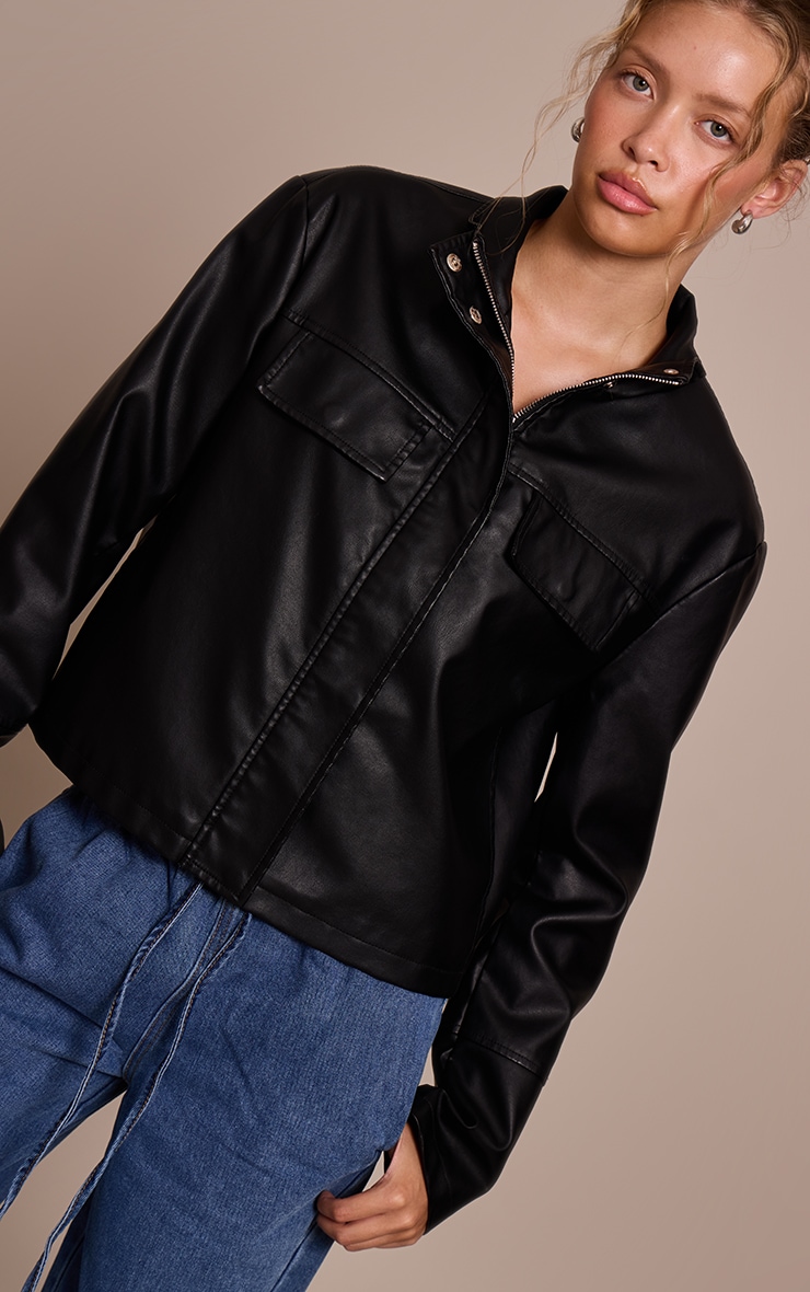 Black Faux Leather Funnel Neck Jacket image 4