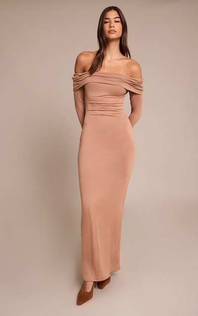 Taupe Soft Touch Jersey Bardot Maxi Dress