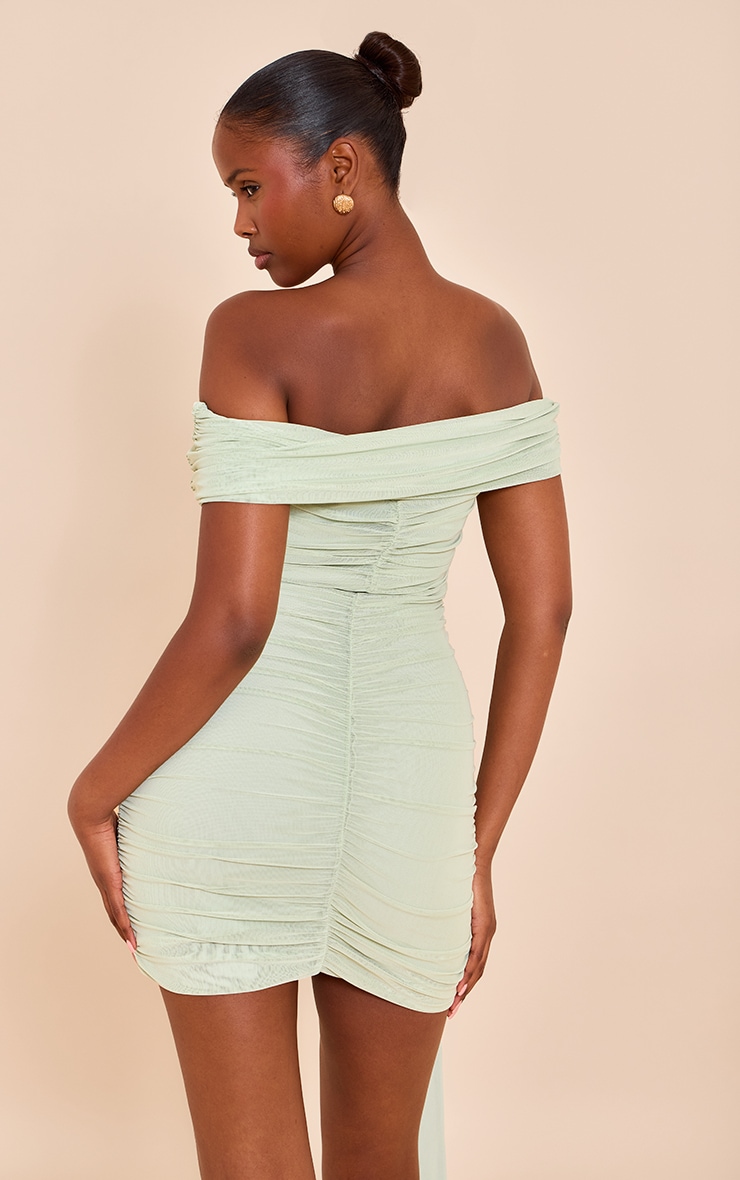 Pale Lime Mesh Lined Bardot Mini Dress image 2