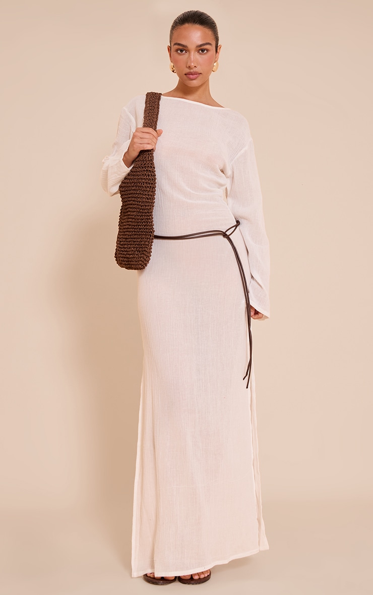 White Textured Long Sleeve Maxi Dress image 3