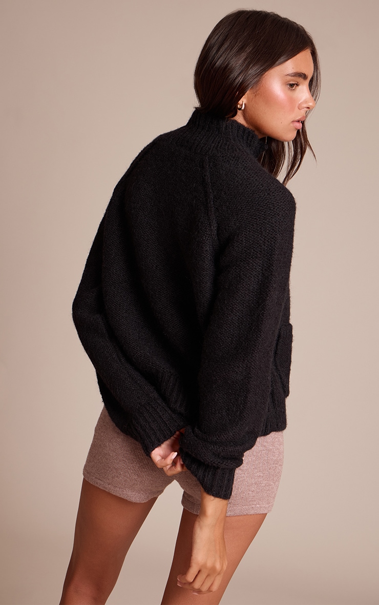 Black Zip Up Pocket Detail Knitted Cardigan image 2