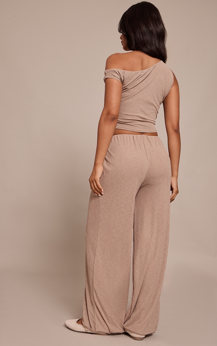 Petite Taupe Sheer Textured Wide Leg Pants image 3