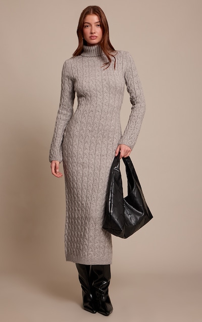 Grey Chunky Cable Knit Roll Neck Maxi Jumper Dress