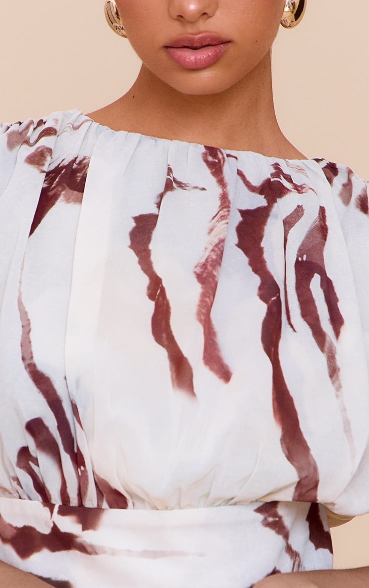 White Shell Print Chiffon Ruched Crop Top image 4
