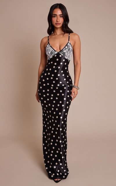 Petite Black Contrast Dot Lace Detail Maxi Dress
