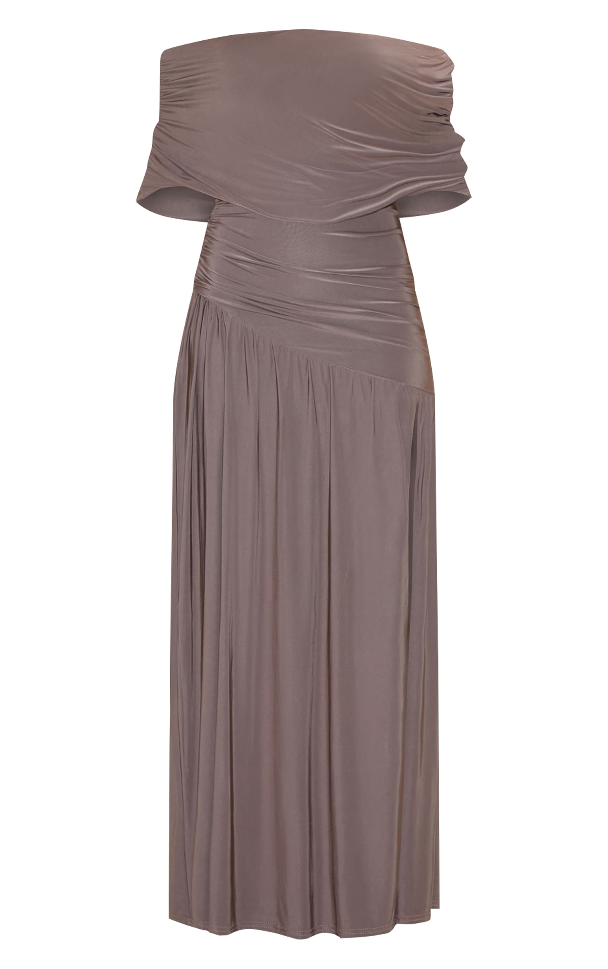 Petite Taupe Double Layer Slinky Bardot One Shoulder Ruched Maxi Dress image 5