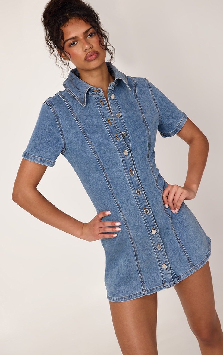 Mid Blue Short Sleeve Seam Detail Button Down Denim Mini Dress
