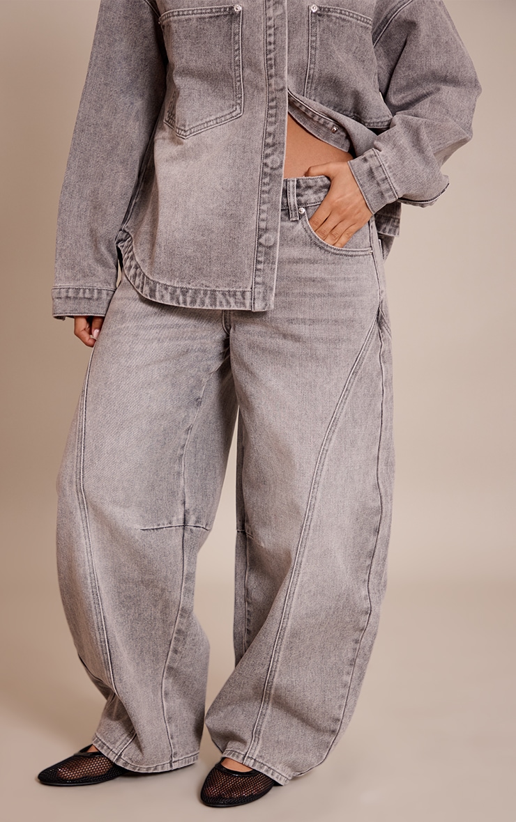 Petite Grey Seam Detail Barrel Jeans image 2