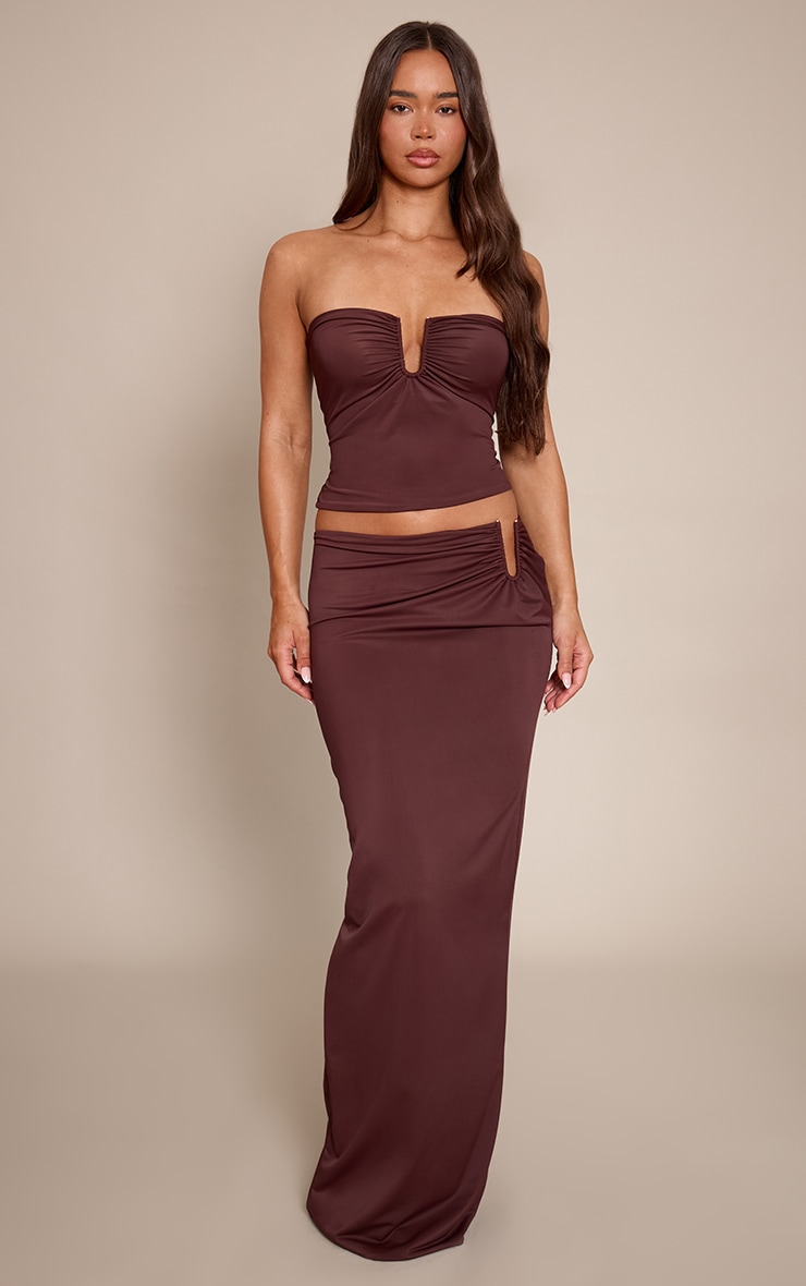 Chocolate Matte Sculpt V Bar Ruched Maxi Skirt image 1