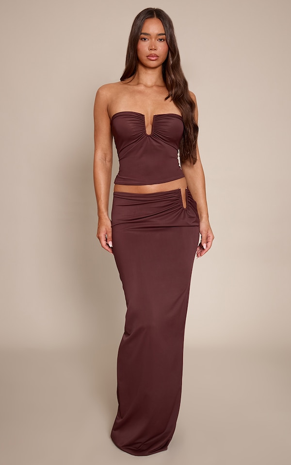 Chocolate Matte Sculpt V Bar Ruched Maxi Skirt