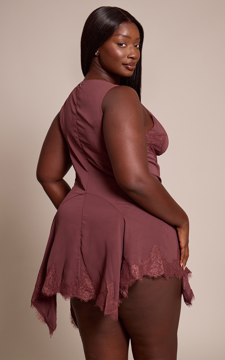 Plus Dark Plum Lace Trim Plunge Bodycon Dress image 2