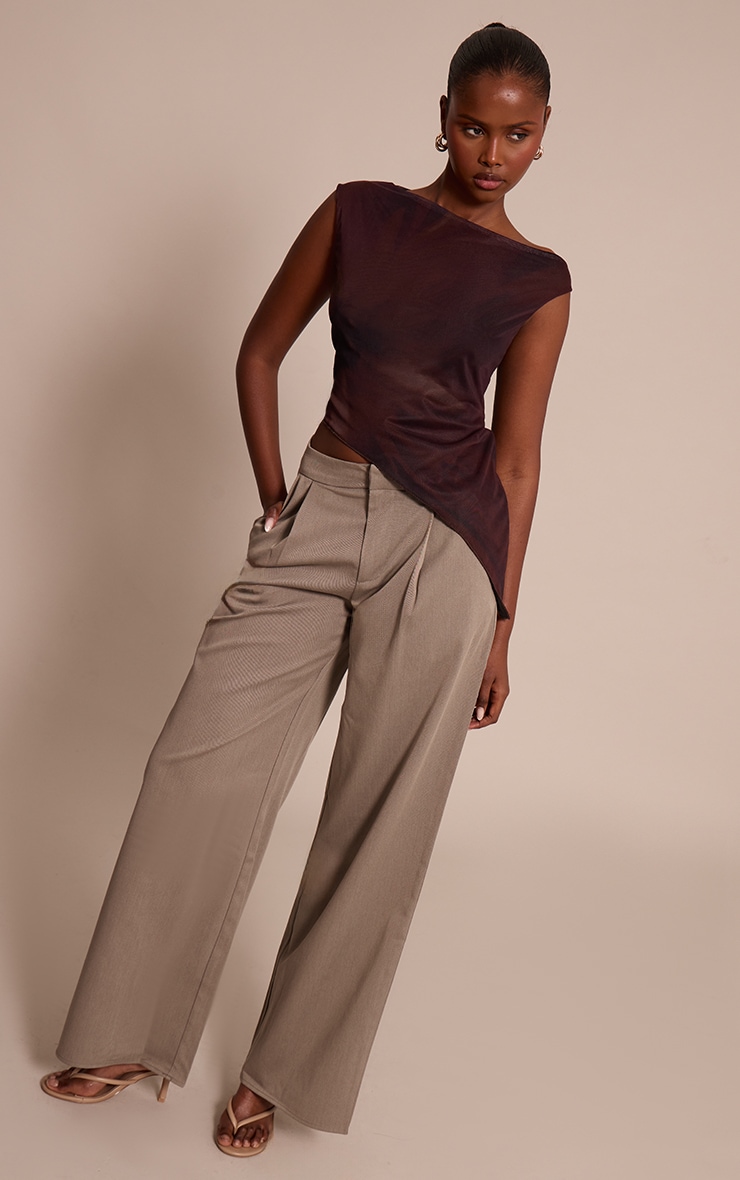 Brown Flower Print Asymmetric Neck Mesh Top image 3