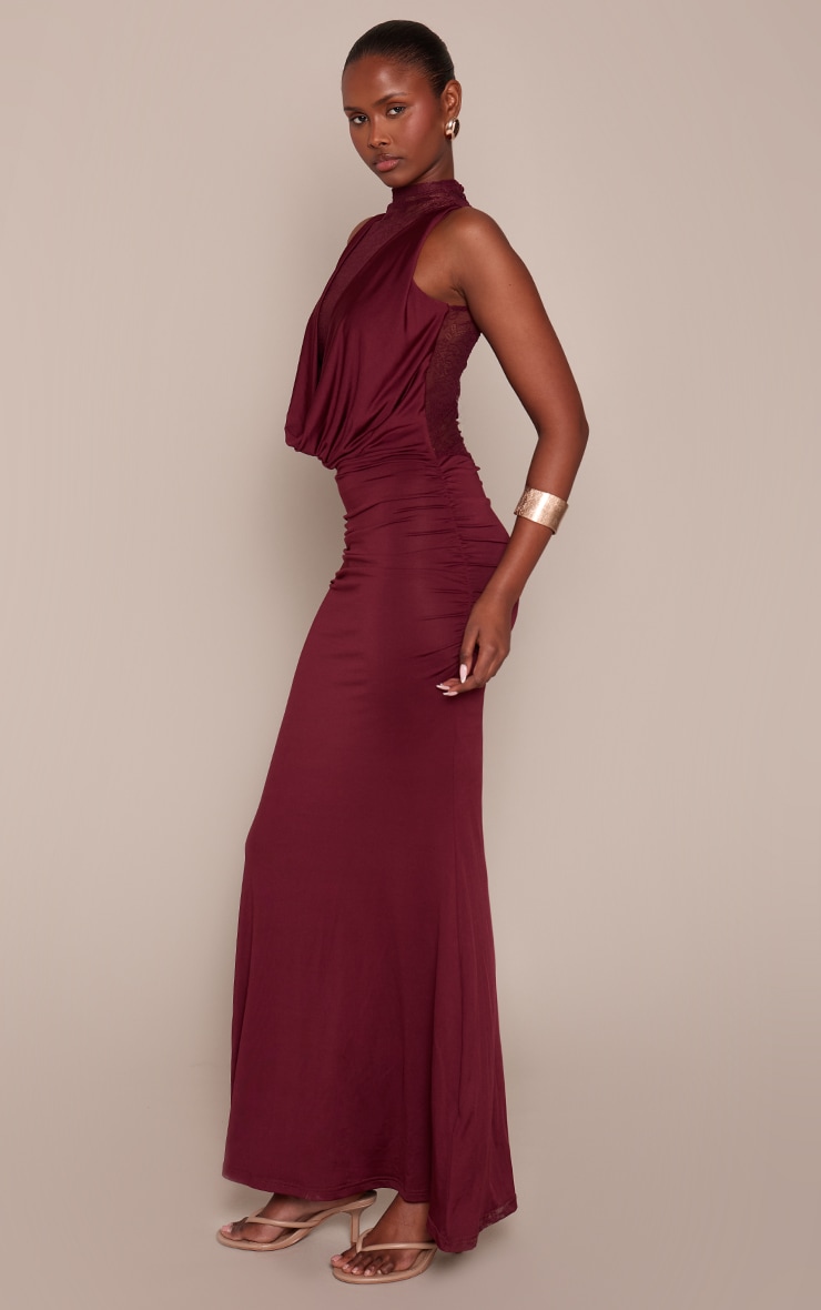 Burgundy Soft Lace Panel Cowl Neck Maxi Dress image 3