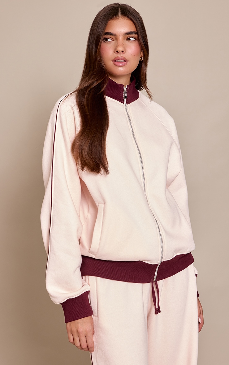 Pink Contrast Zip Up Funnel Neck Sweatshirt image 1