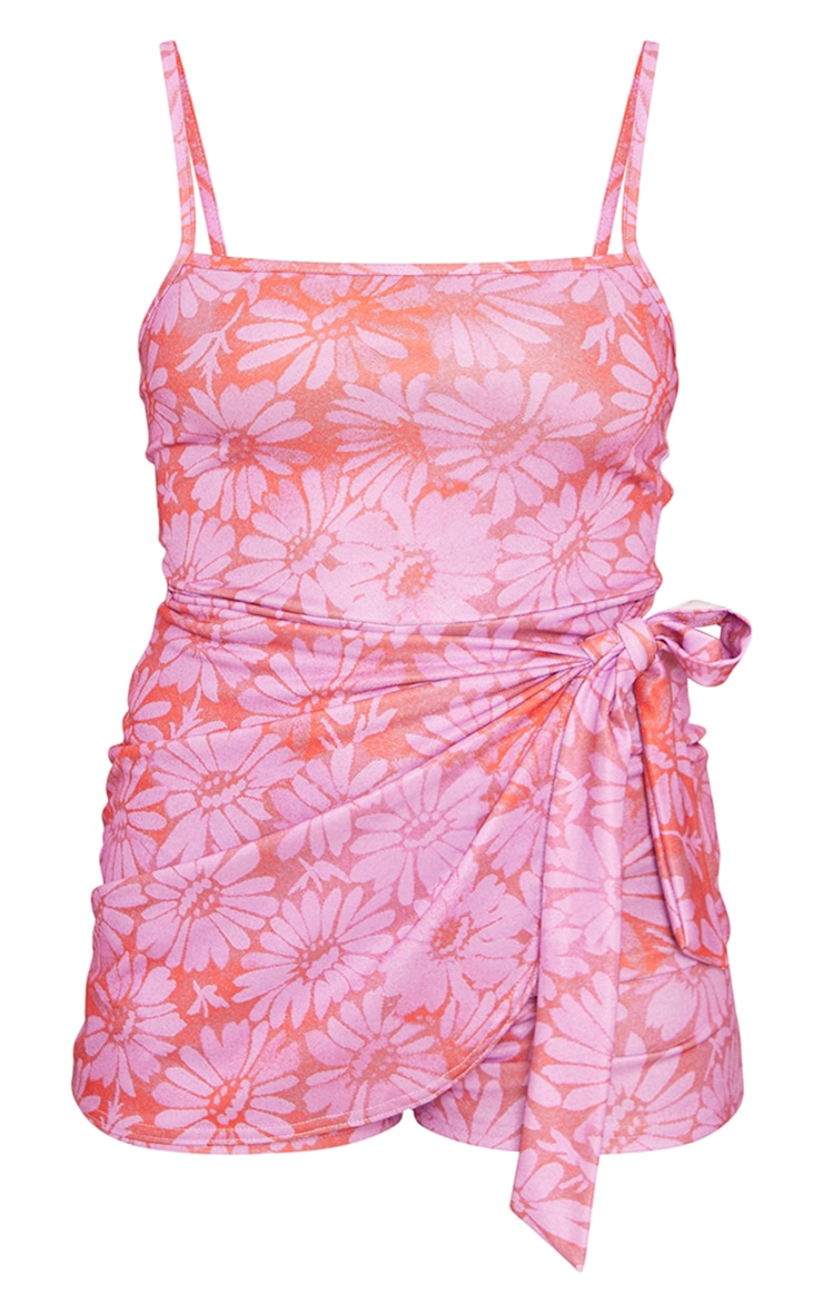 Pink Floral Print Strappy Wrap Playsuit PrettyLittleThing