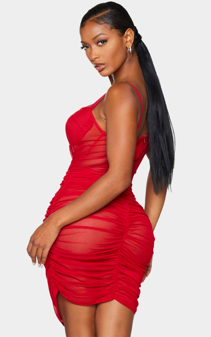 Shape Red Mesh Cup Detail Binding Bodycon Dress image 2