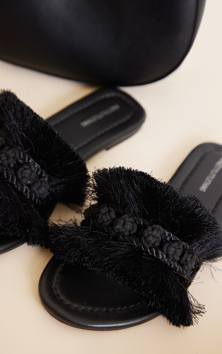 Black Round Cotton Knot Tassel Strap Slides image 4