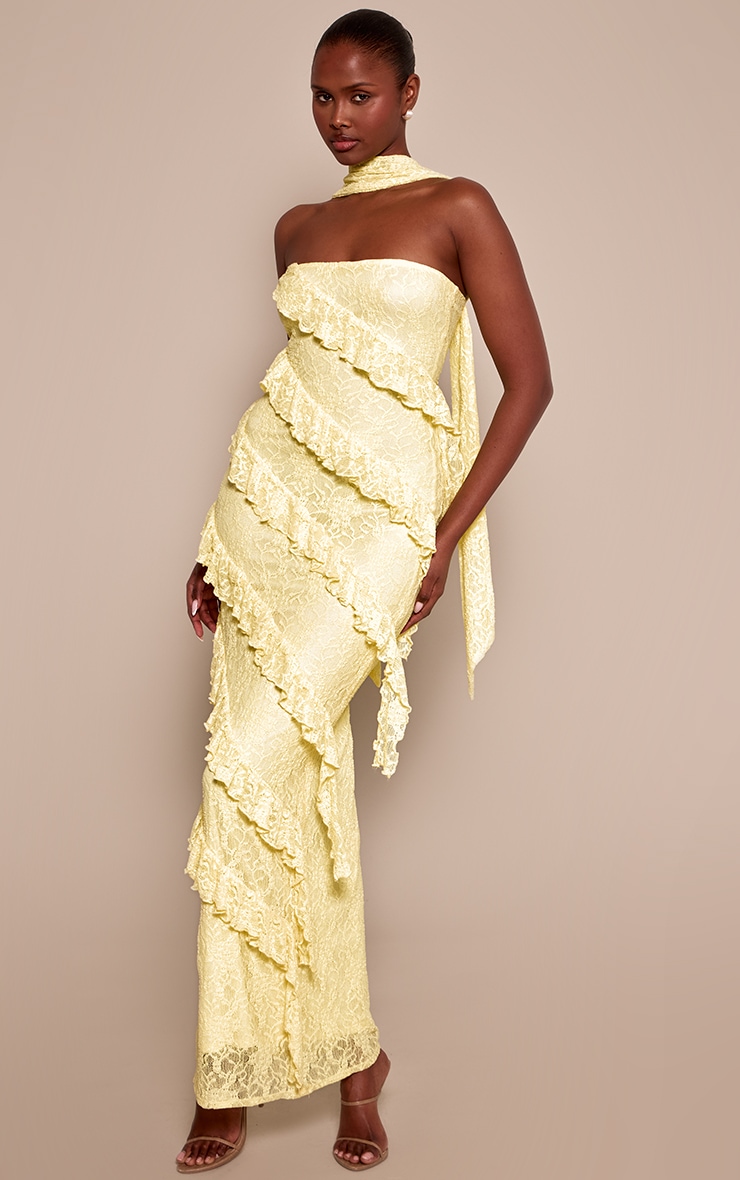 Lemon Lace Asymmetric Frill Scarf Maxi Dress