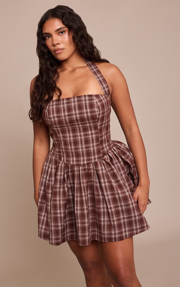 Shape Brown Tartan Woven Bandeau Ruched Skater Mini Dress image 1