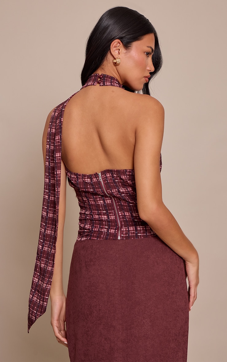 Wine Check Chiffon Extreme Cowl Top image 2