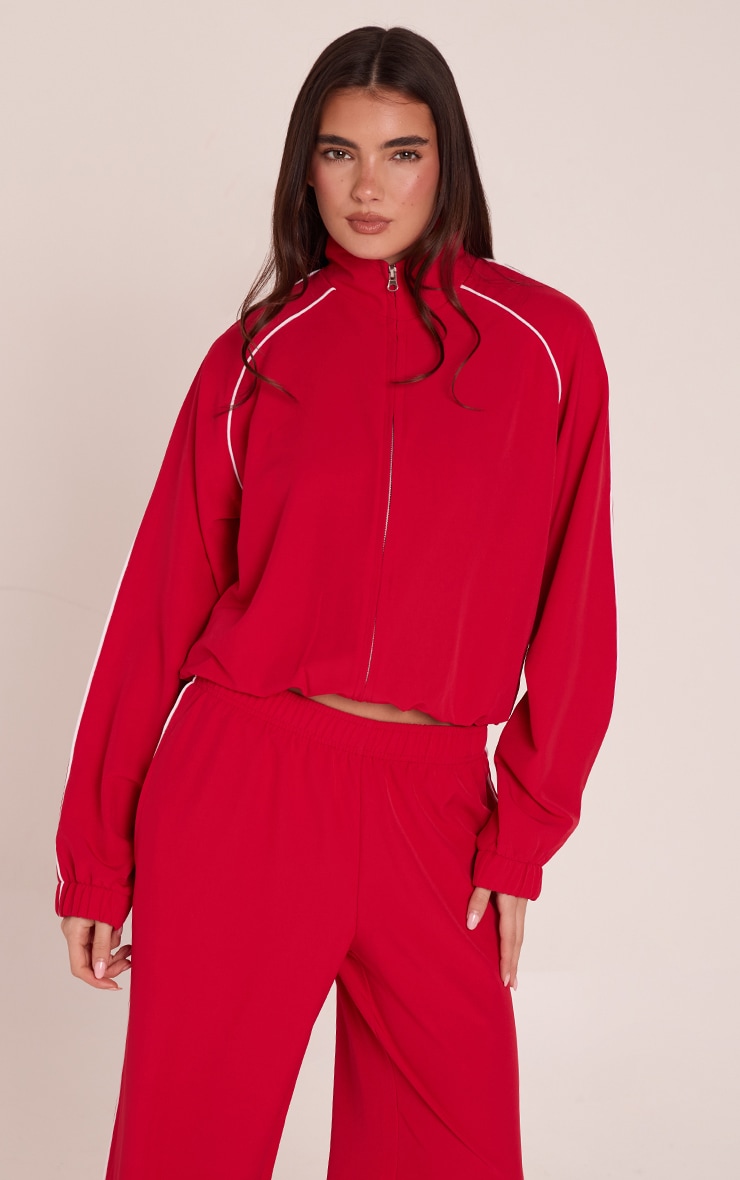 Red Contrast Piping Funnel Neck Zip Up Jacket image 1
