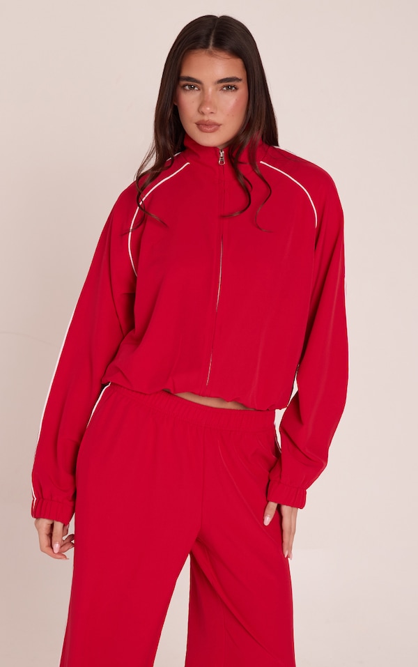 Red Contrast Piping Funnel Neck Zip Up Jacket
