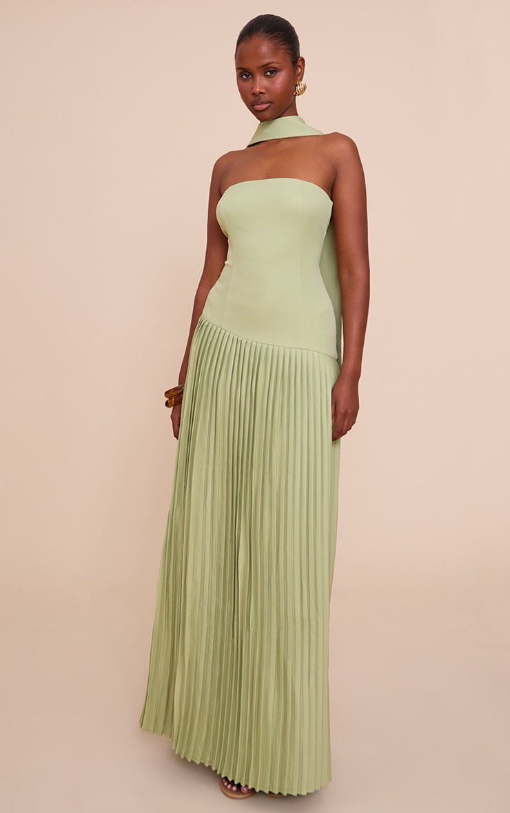 Sage Green Woven Asymmetric Pleated Maxi Dress image 1